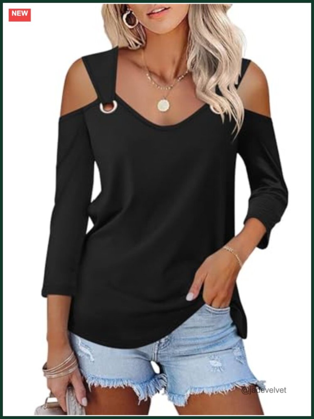 Women's V Neck Cold Shoulder 3/4 Sleeve T-Shirt Soft Stretchy